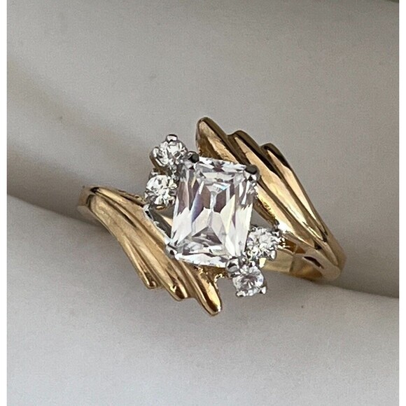 Vintage Ring Size 5 Cubic Zirconia Solitaire 14K Gold Plate Mid-Century MCM 14R - Picture 6 of 12